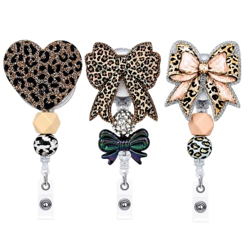 3PC Cheetah Badge Reels Lanyard Accessories Glitter Cute Women Bow Nurse Retractable Holder Clip ID Leopard Print Name Nursing Alligator Swivel Rhinestone Bling Decorative Girly Aesthetic Bengals - style: Cheetah Leopard Print