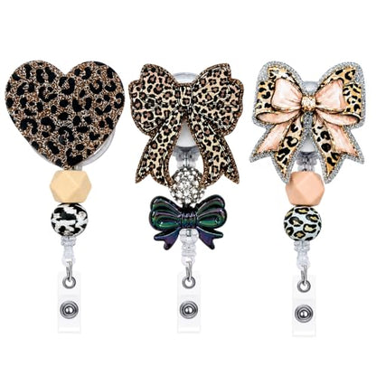 3PC Cheetah Badge Reels Lanyard Accessories Glitter Cute Women Bow Nurse Retractable Holder Clip ID Leopard Print Name Nursing Alligator Swivel Rhinestone Bling Decorative Girly Aesthetic Bengals - style: Cheetah Leopard Print