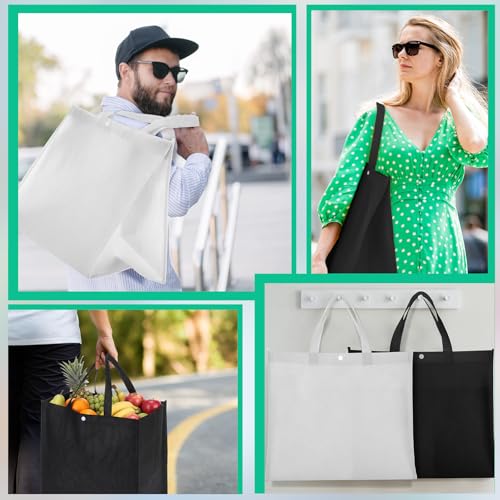 Boao 48 Pack Reusable Grocery Bags 13''L x 9.4''W x 15''H Large Foldable Shopping Tote Bag Non Woven with Handle and Button - color: Black and White
