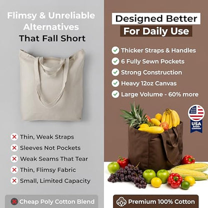 VeraMia Canvas Grocery Bag 3pc XL Set with Real Pockets, Long Shoulder Strap and Short Handle. Heavy Duty, Foldable, Washable - color: Dark Chocolate