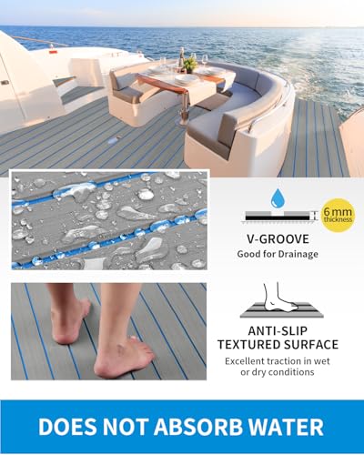 OCEANBROAD Boat Flooring EVA Foam Self-Adhesive Faux Teak Marine Decking - color: Gray with Blue Lines, size: 48''L x 16.8''W-5.6sqft