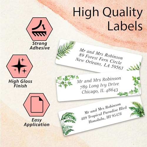 Personalized Return Address Labels Greenery - High Gloss Custom Mailing Labels on Sheets - Self-Adhesive Return Stickers for Envelopes with Crisp Printing Design (50-1000)