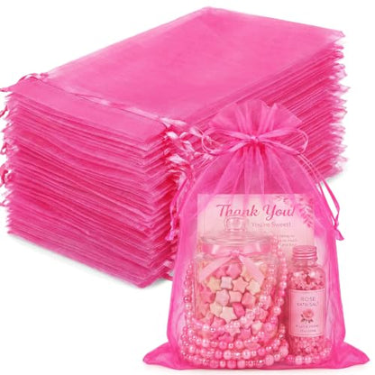 FUNFERY 100Pcs Hot Pink Organza Bags 5x7 in,Small Mesh Drawstring Gift Bag - color: Classic Hot Pink