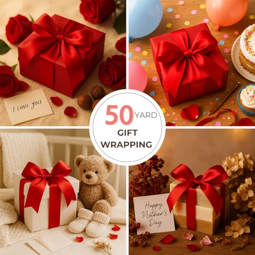 Red Ribbon 1 1/2 Inch x 50 Yards – Double Faced Holiday Gift Wrap Satin Ribbon for Christmas, Valentine's Day, Crafts & Party Bows - color: Red, size: 1-1/2 inch