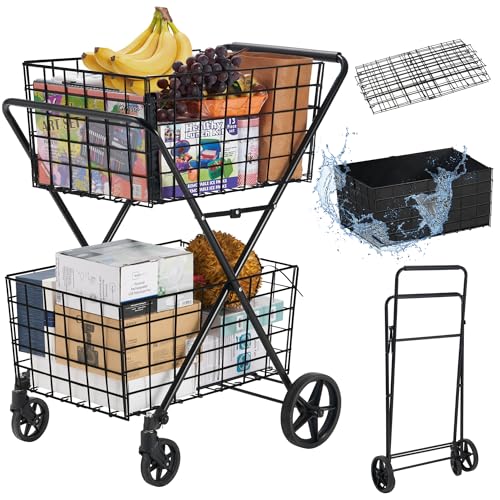 Spurgehom 2-Tier Shopping Cart for Groceries Folding Grocery Cart On Wheels with Removable Double Baskets 360° Rolling Utility Cart with Oxford Cloth Liner, Black - size: Extra Large