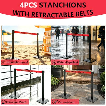 4 Pack Crowd Control Stanchions with 10FT Retractable Red Warning Belt - color: DANGER-KEEP OUT BELT