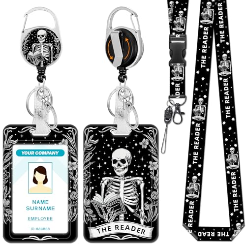 Hancynir Goth Book Lover Lanyards for Id Badges with Retractable Reel Clip - color: Book Skull