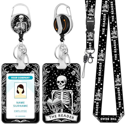 Hancynir Goth Book Lover Lanyards for Id Badges with Retractable Reel Clip - color: Book Skull