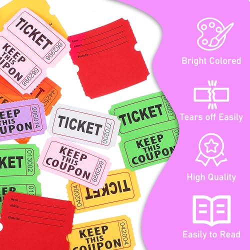8000 Multicolor Raffle Tickets - 8 Double Rolls of 1000 Tickets Each, Consecutively Numbered 50/50, 1x2 Inch, for Party, Concert, Carnival, Event