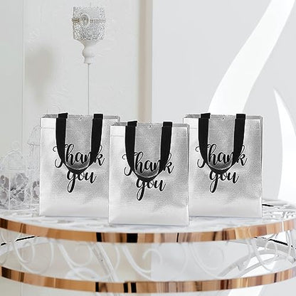 Fumete 50 Pcs Silver Glossy Thank You Gift Bag with Handles - color: Silver