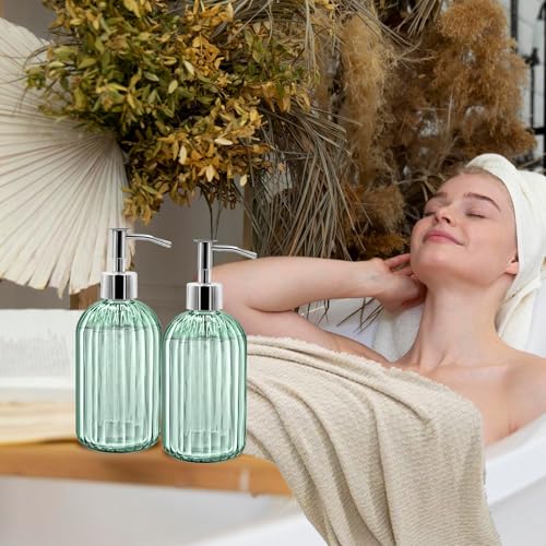 2 Pack Glass Soap Dispenser Bottle with Pump, 14 Oz Refillable Liquid Hand Jar Dispenser for Bathroom, Countertop, Kitchen, Laundry Room (Light Green) - color: Light Green