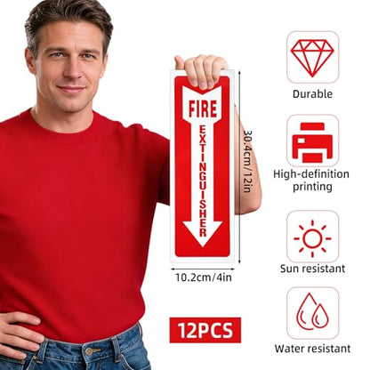 12pcs Fire Extinguisher Stickers, 4x12" Weatherproof Self-Adhesive Safety Fire Extinguisher Plaque Stickers Highly Visible Reflective with Down Arrow Sign Decal for Indoor Outdoor Business Office