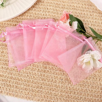 Kelfuoya 50Pcs Organza Drawstring Pouches, Pink 5"×7" Sheer Gift Bags - color: Pink-5"x7"
