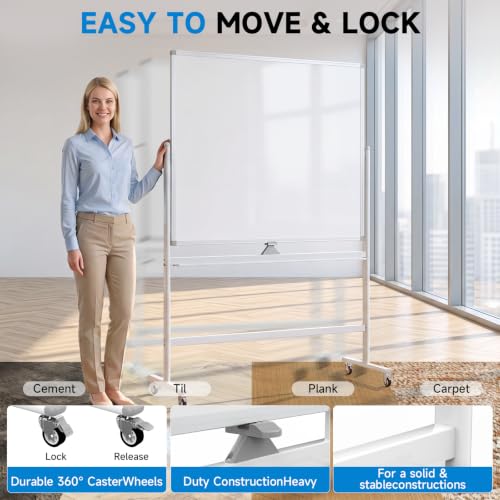 Mobile Rolling Whiteboard on Wheels 60"x 48" Double-Sided Magnetic - color: White, size: 60X48