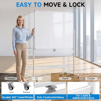 Mobile Rolling Whiteboard on Wheels 60"x 48" Double-Sided Magnetic - color: White, size: 60X48