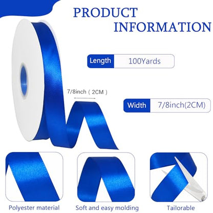 7/8in Polyester Blue Satin Ribbon 100Yds Wedding Craft Gift Wrap - color: Blue, size: 100Yards