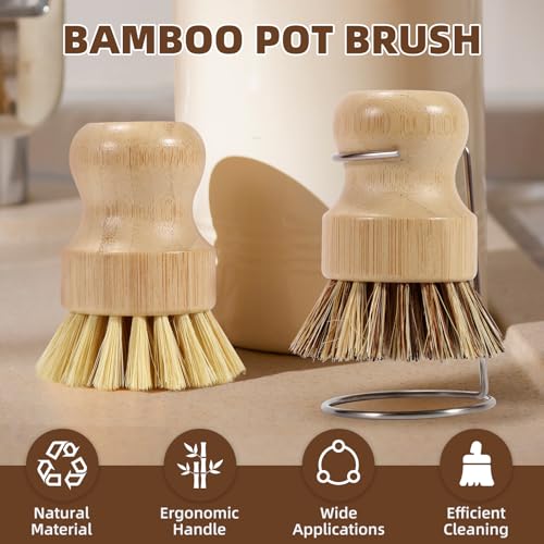 SAMEBUTECO 4 Packs Bamboo Dish Brush Set with 2 Metal Dry Holder