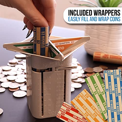 Nadex All-in-One Manual Coin Tender - Counter and Wrapper Tube with 32 Coin Wrappers | Great Storage and Organization Solution | Slots for Pennies, Nickels, Dimes, and Quarters