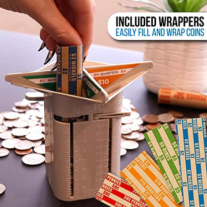 Nadex All-in-One Manual Coin Tender - Counter and Wrapper Tube with 32 Coin Wrappers | Great Storage and Organization Solution | Slots for Pennies, Nickels, Dimes, and Quarters