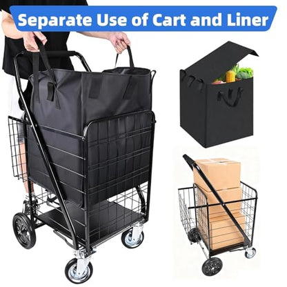 Folding Shopping Cart with Removable Waterproof Liner, 450LBS Capacity Grocery Cart with Dual Basket & 360° Swivel Wheels, 39.5 Gal Jumbo Heavy-Duty Cart Wagon for Grocery Shopping Laundry Transport - size: Jumbo+Bag