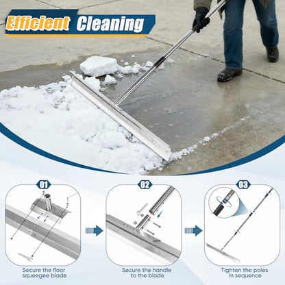 CAROD 33.4" Large Floor Squeegee for Concrete, Commercial Heavy Duty Silicone Blade Squeegee for Floor with 63" Stainless Handle, Anti-Splash Curved Baffle for Garage, Factory, and Tough Cleaning Jobs