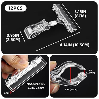 12 Pcs Clear Plastic Sign Clips Rotatable Double-Sided Price Tag Holders Merchandise Display Swivel Pop Clips for Retail Store Shelf Clothing Rack