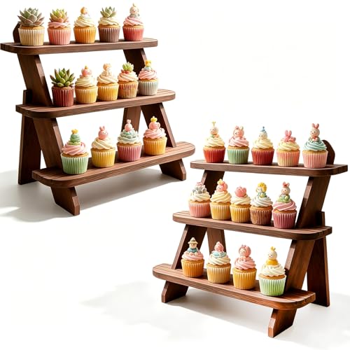 Wooden Display Stand, Tiered Cupcake Stand, 3 Tier Display Stand Riser - color: 2Pcs-Walnut-3Tier