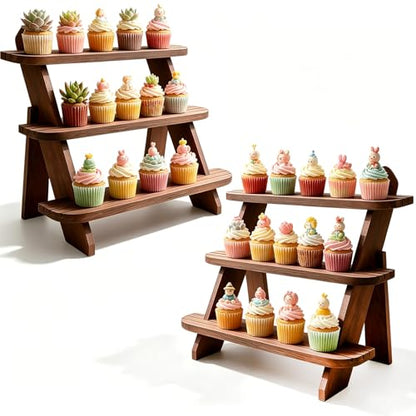 Wooden Display Stand, Tiered Cupcake Stand, 3 Tier Display Stand Riser - color: 2Pcs-Walnut-3Tier