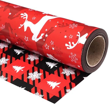 Ulmasinn Reversible Christmas Wrapping Paper - 17" x33ft Double Sided, Red Nordic Reindeer & Snowflake, Heavy Duty & Wrinkle-Free, Xmas Gift Wrap for Presents - color: Christmas Red Reindeer