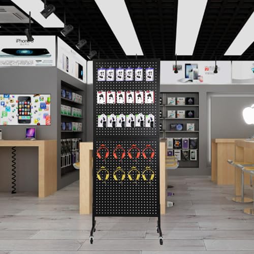 Eastern Tree Metal Pegboard Display Stand 2'x 5'with 30 Hooks, Pegboard Panels Display with Wheels, Peg Board Display Rack, Standing Pegboard Display- Black - color: Black