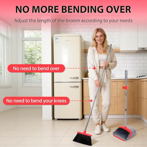 YZO Broom and Dustpan Set, 50.6-Inch Long Handle Standing Design, Dustpan Front Rubber Tight Seal, Broom with 5-Layer Bristles, Suitable for Living Room, Bedroom, Yard, Office and Apartment(Gray&Red) - color: Gray&red