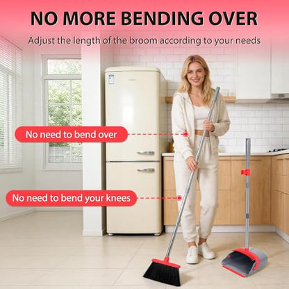YZO Broom and Dustpan Set, 50.6-Inch Long Handle Standing Design, Dustpan Front Rubber Tight Seal, Broom with 5-Layer Bristles, Suitable for Living Room, Bedroom, Yard, Office and Apartment(Gray&Red) - color: Gray&red