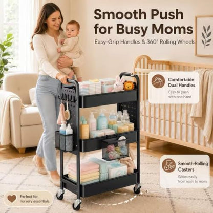 3 Tier Black Rolling Storage Cart Metal with DIY Pegboard and Wheels - color: Classic Black, size: 3 Tier+Pegboard