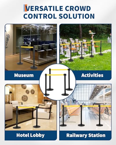 GarveeTech Crowd Control Stanchion Set 4 Pack with Retractable Belt, Heavy Duty Crowd Control Barrier, Commercial Line Dividers Queue Stanchion Posts for Events Bank Hotel, 6.6 ft/2 m Yellow Belt - color: Yellow, size: 4 Pack
