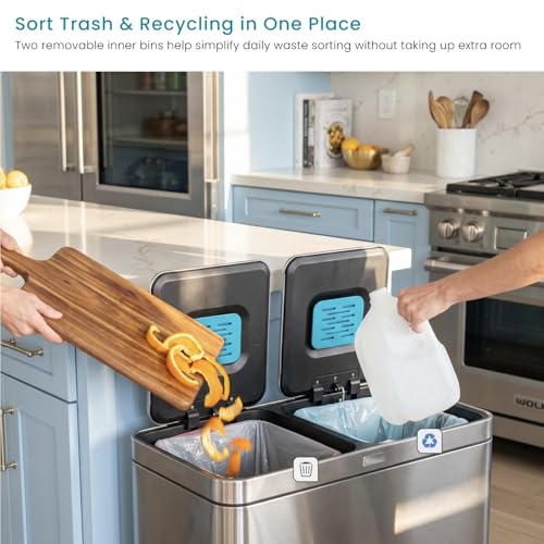 Home Zone Living 16 Gallon Kitchen Trash Can with Dual Compartments - color: Silver, size: 16 Gallon