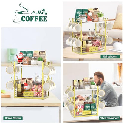 EsLuker.ly Coffee Mug Cup Holder Tree Bar Station Organizer, 2 Tier Gold - color: White + Gold