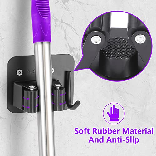 Stainless Steel Broom Holder, Heavy Duty, Rust Resistant, 4 Gripper Positions with 4 Hooks, Black - color: Black