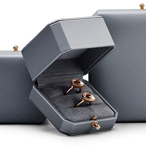 Dual Ring Box PU Leather Double Ring Box Weeding Proposal Engagement Ring Bearer Gift Case - color: Grey, size: Double Ring Box