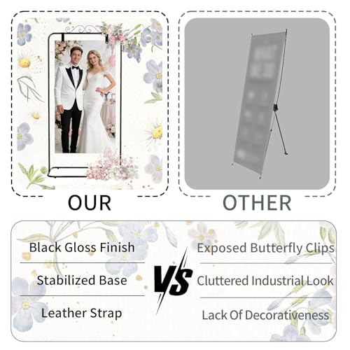 Garvee Adjustable Welcome Sign Stand - 54 inch & 69 inch Height | Sturdy Metal Sign Holder for Wedding, Birthday, Party, Guest Book | Includes 2 Pairs Leather Straps (Black