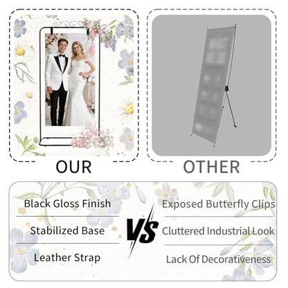 Garvee Adjustable Welcome Sign Stand - 54 inch & 69 inch Height | Sturdy Metal Sign Holder for Wedding, Birthday, Party, Guest Book | Includes 2 Pairs Leather Straps (Black