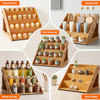 4 Tier Retail Display Stands 4 Pcs Set Cake Dessert Countertop Display Stand Log Color Triangular Display Rack for Stores Offices Homes Parties