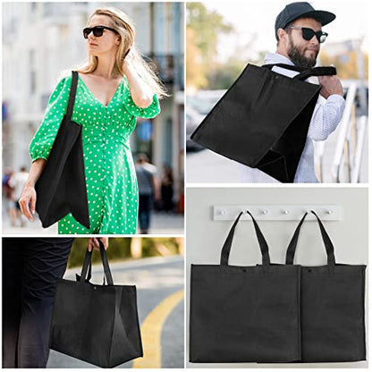 Boao 48 Pack Reusable Grocery Bags 13''L x 9.4''W x 15''H Large Foldable Shopping Tote Bag Non Woven with Handle and Button - color: Black