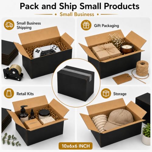 10x6x6 Black Shipping Boxes, Pack of 35 - size: 10"x6"x6"
