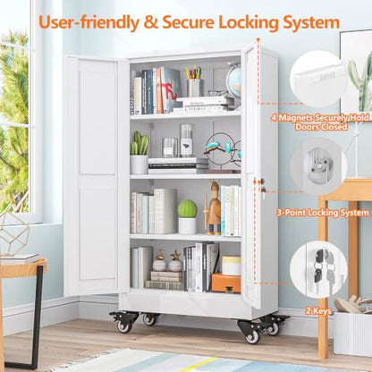 pozdeg 45.6" White Lockable Rolling Metal Garage Storage Cabinet - color: White, size: 11.8"D x 23.7"W x 45.6"H