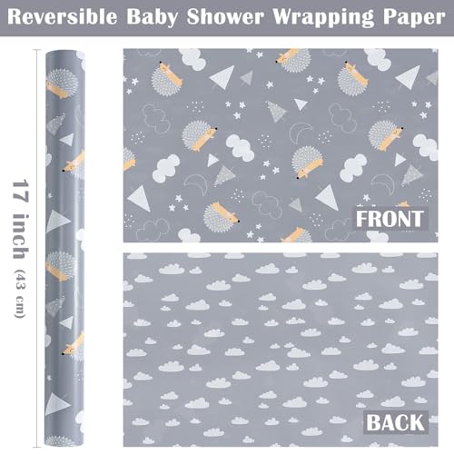 WRAPAHOLIC Reversible Baby Shower Wrapping Paper Roll - Mini Roll - 17 Inch x 10 Feet - Adorable Hedgehogs and Clouds Design Perfect for Neutral Baby Shower, Kids Birthday, Party - color: Grey Baby - Hedgehog & Cloud