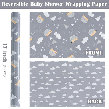 WRAPAHOLIC Reversible Baby Shower Wrapping Paper Roll - Mini Roll - 17 Inch x 10 Feet - Adorable Hedgehogs and Clouds Design Perfect for Neutral Baby Shower, Kids Birthday, Party - color: Grey Baby - Hedgehog & Cloud