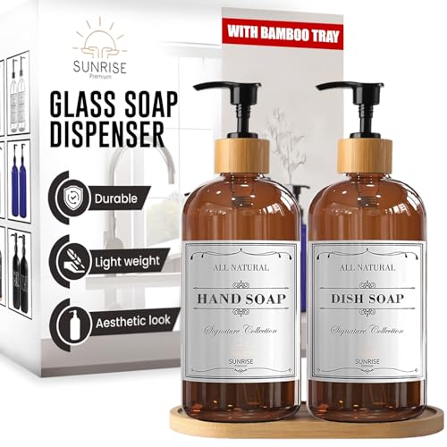 Sunrise Premium Amber Glass Soap Dispenser, Bamboo Pump with Tray, 2 Pack - color: Plastic Bamboo Pump - Amber Glass Pack 2