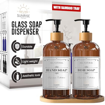 Sunrise Premium Amber Glass Soap Dispenser, Bamboo Pump with Tray, 2 Pack - color: Plastic Bamboo Pump - Amber Glass Pack 2