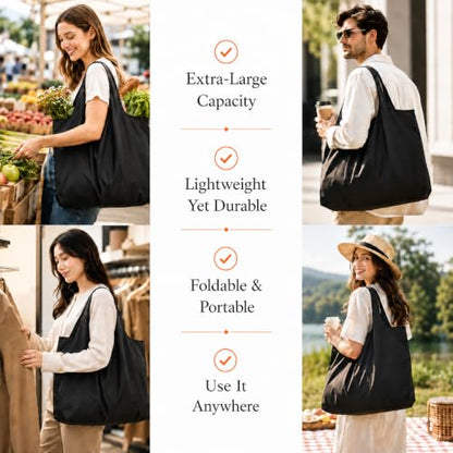 Reusable Grocery Bags 6 Pack, Foldable Shopping Bags with Pouch, Heavy Duty 50 LBS, Machine Washable Travel Totes - color: Black