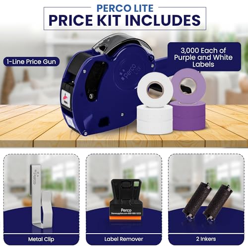 Perco Price Gun 1-Line Kit with 2 White 4 Purple Rolls, Clip & Ink Rollers - color: Purple
